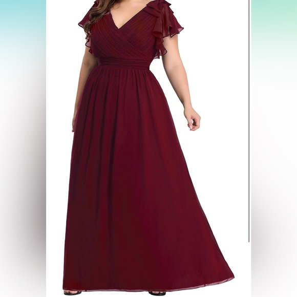 Formal Floor-Length Burgundy Bridesmaids Dress Chiffon Bow Shoulder Detail 3XL - Picture 2 of 4